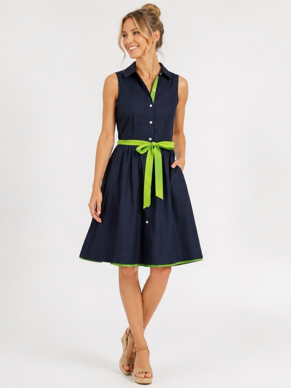 Tommy Hilfiger Navy Sleeveless Shirt Dress with Lime Accents Cotton Size 2